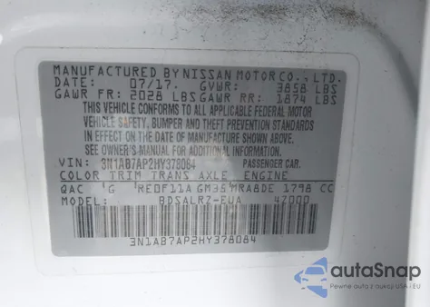 2017 Nissan Sentra Sr z USA, uszkodzony, nr VIN 3N1AB7AP2HY378084